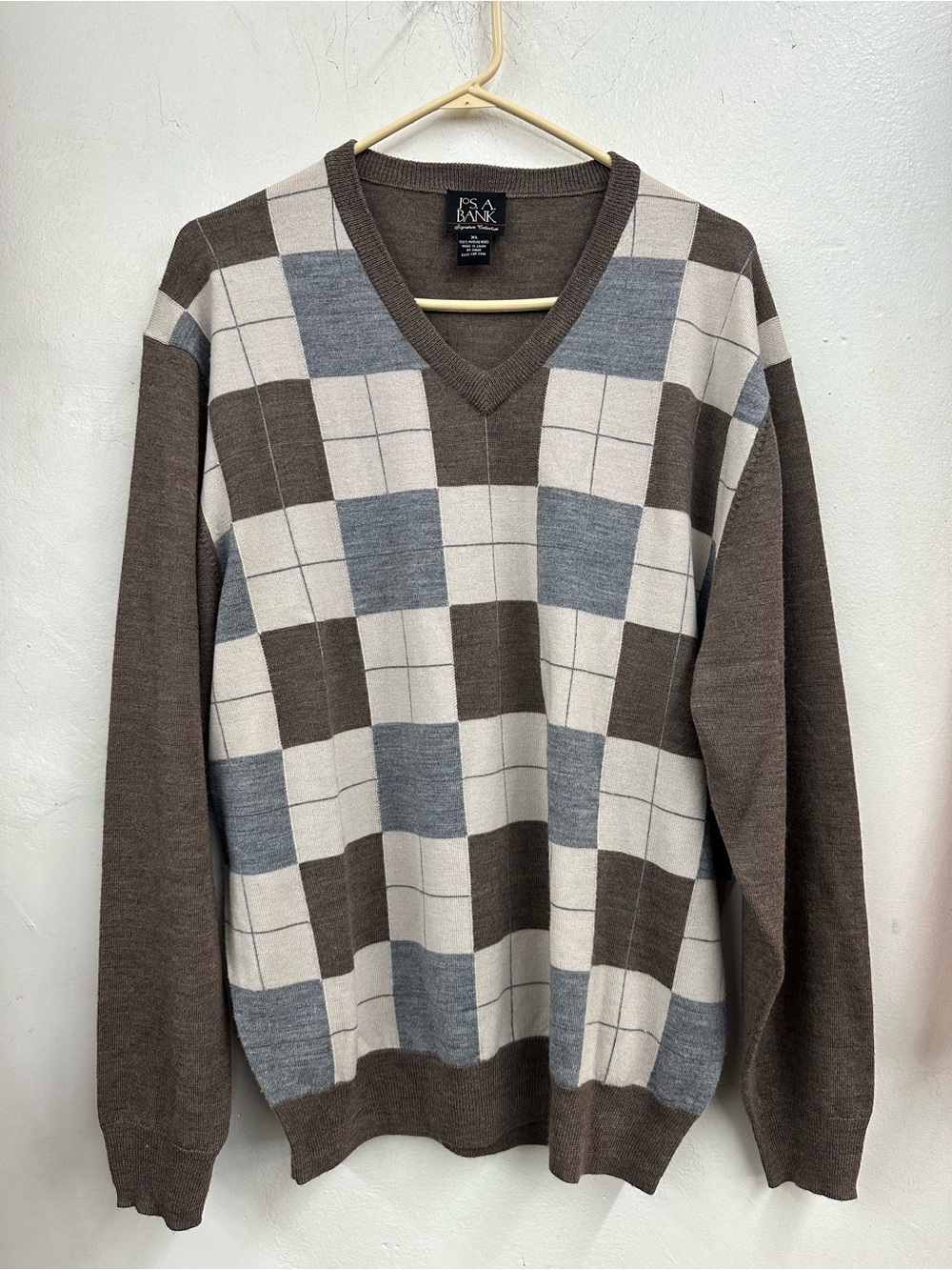 Jos. A. Bank Brown & Cream Check V-Neck Sweater merino wool size xl men’s new